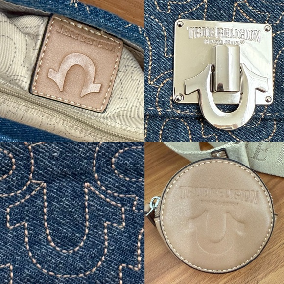 TRUE RELIGION Denim Quilted Horseshoe Wide Strap Coin Purse Flap Crossbody Bag - Picture 14 of 16